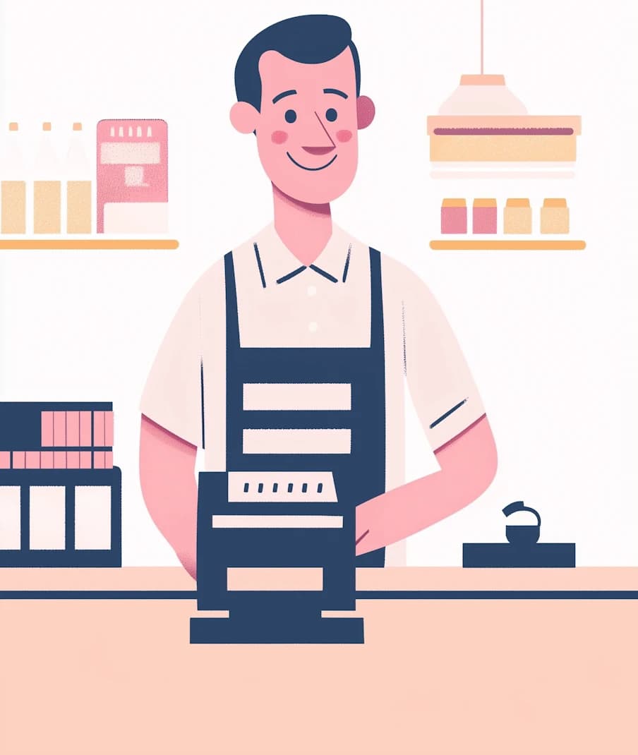 Ilustración de un cajero de supermercado sonriendo junto a la caja registradora
